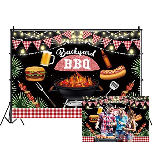 DORCEV 7x5ft Backyard BBQ Backdrop Picnic Barbecue Beer Burgers Hot Dogs Photography Background Summer Green Leaves Glitter Backdrop for Family Dinner Birthday Party Outdoor Camping Party Decor