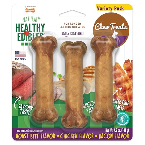 Image of Nylabone Healthy Edibles Natural Dog Chews, Long Lasting Bones for Dogs, Roast Beef, Chicken & Bacon Flavor Dog Treats, Small (3 Count)
