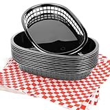 zandfelo 12 Pcs Black Fast Food Baskets and 120 Sheets 12'' Red Checkered Deli Liners, Classic Deli Baskets with Checkered Deli Papers