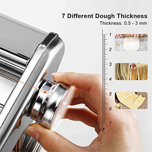 150 Pasta Machine, All in one 7 Thickness Settings Pasta Maker Machine, Stainless Steel Manual Roller Pasta Maker for Spaghetti Linguine Fettuccine Lasagne, Includes Dough Cutter & Hand Crank