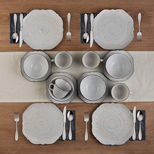 Image of Pfaltzgraff Isabella 16-Piece Stoneware Dinnerware Set, Service for 4 - Handpainted Unique Glazed Finish - Includes Dinner Plates, Salad Plates, Bowls, Mugs - Dishwasher & Microwave Safe (Gray)
