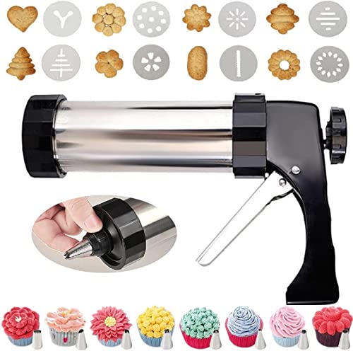 Cookie Press for Baking, Stainless Steel Spritz Cookie Press Preferred Cookie Press Gun Kit with 8 Cookie Press Discs & 8 Nozzles for DIY Cookie Maker Cake Icing Decoration and Holiday Baking Biscuit