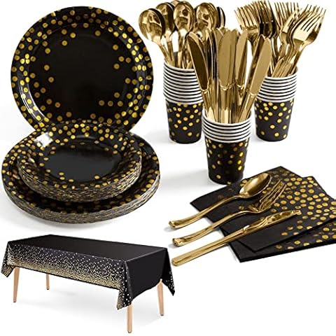 141Stück Schwarzesgold Partygeschirr,Partyzubehör Pappteller Set,Wiederverwendbar ​Papier Geschirr Set einschließlich Tischdecke Teller Becher Servietten zum Geburtstag,Hochzeiten Cover
