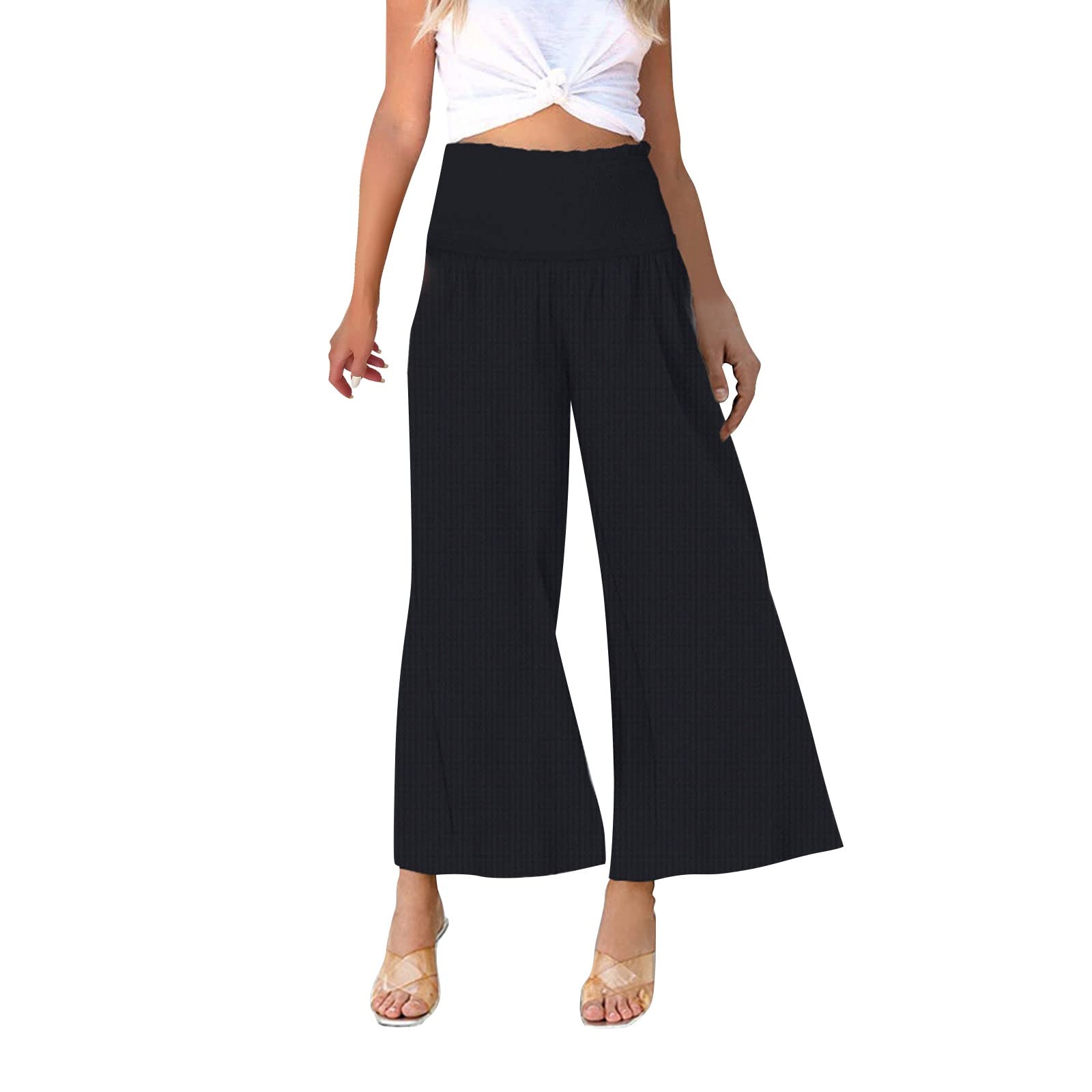 JOFOW Womens Casual Wide Leg Wide Leg Casual Pants Pocket Gathered High Waist Trousers