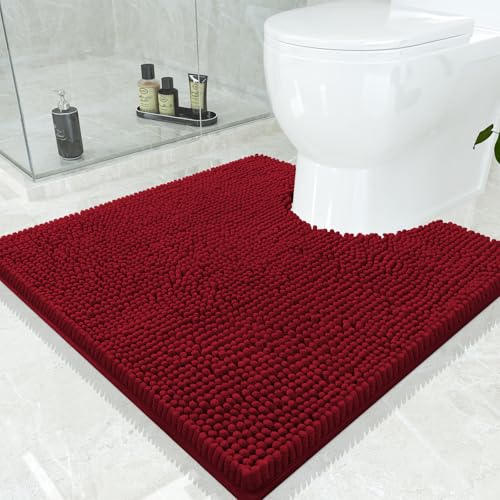 Smiry Luxury Chenille Toilet Rugs U-Shaped 24x24, Soft Absorbent Non-Slip Contour Bathroom Rugs for Toilet, Machine Washable Contoured Bath Mats, Burgundy