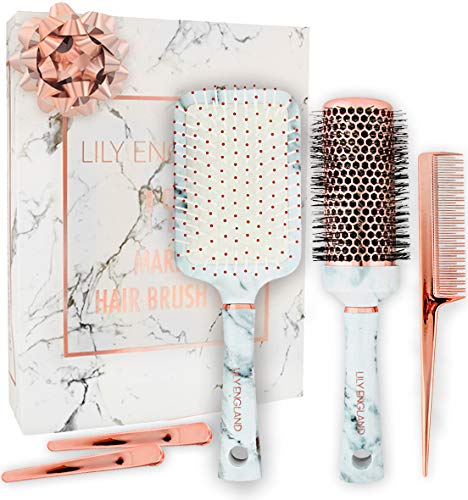 Lily England Hair Brush Set - Paddle Brush, Round Blow Drying Hairbrush, Comb & Clips, Marble & Rose Gold