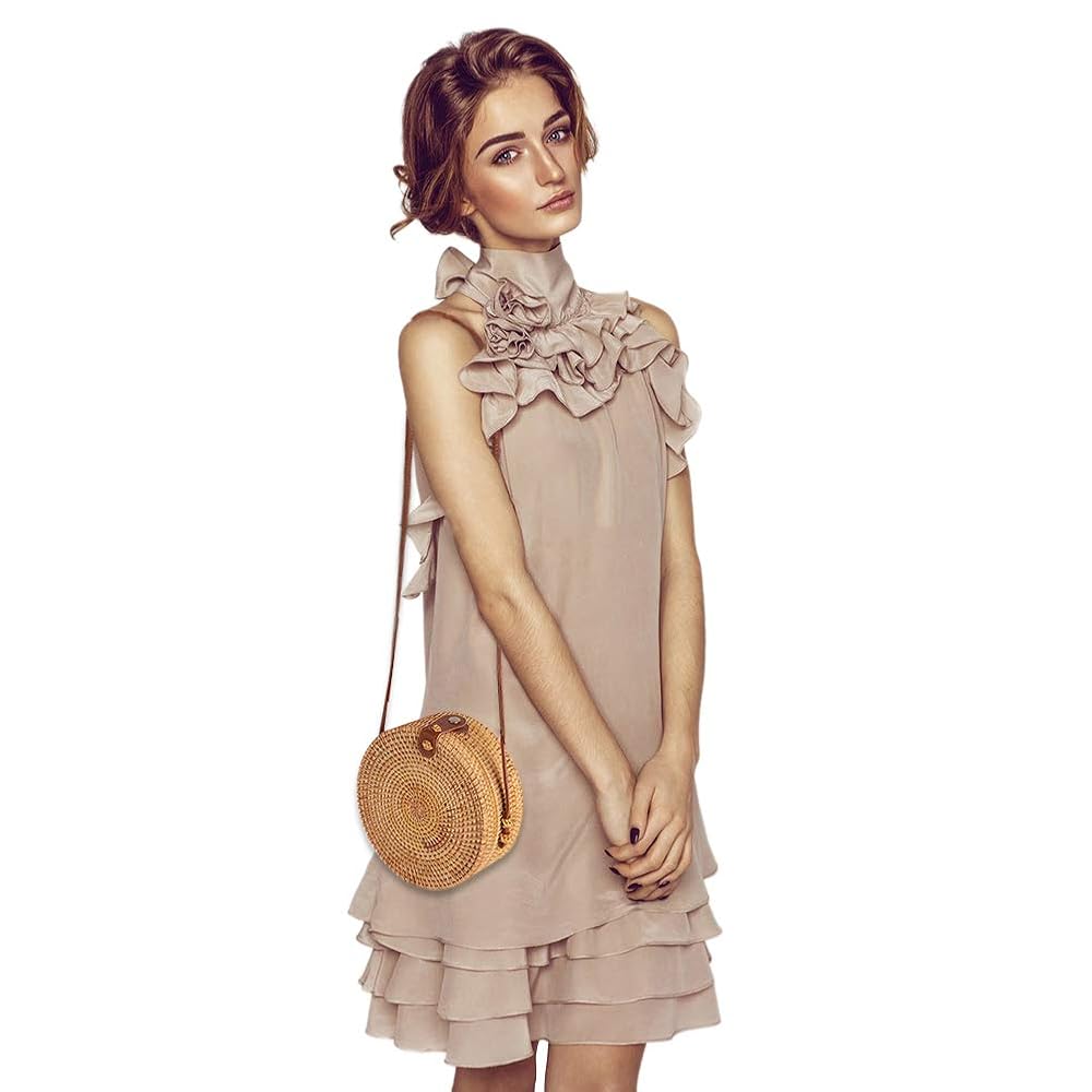 Handwoven Round Rattan Bag Shoulder Leather Straps Natural