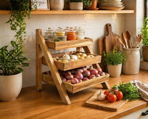 Image of Solid Wood 3-Tier Kitchen Organizer | Acacia Wood Vegetable & Fruit Storage Rack | Onion Potato Basket Stand | Pre-Assembled
