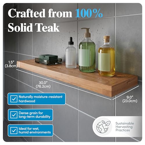 Image of AquaTeak Moa 30 inch Teak Floating Shelf, Wall Mounted, Holds Up to 10 lbs