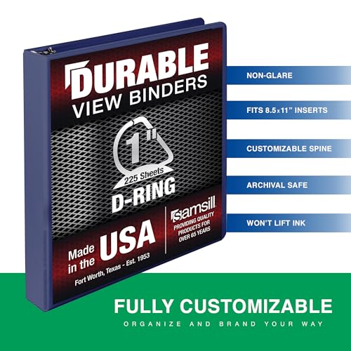 Image of Samsill Durable 1 Inch Binder, D Ring Binder, Customizable Clear View Cover, Midnight Blue, Holds 225 Pages