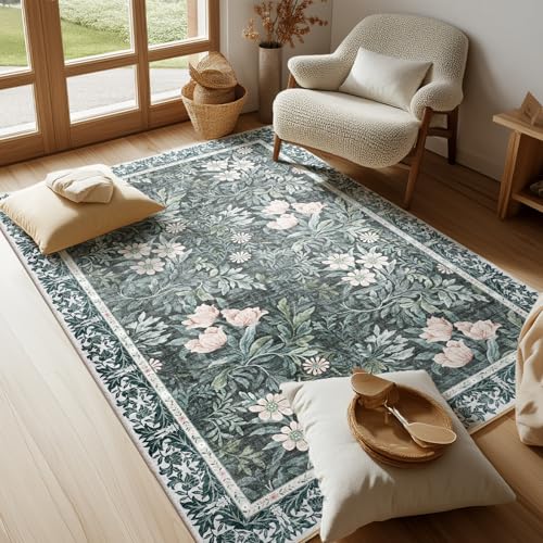 Image of Vintage Floral with Ornate Border Washable 4x6 Area Rug, Soft Low Pile Carpet for Living Room, Dining Room Under Table, Bedroom | Non-Slip, Stain Resistant & Durable