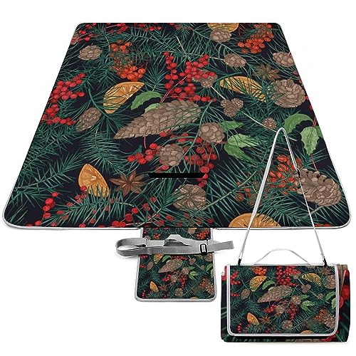 Winter-Plants Print Picnic Blanket Waterproof Foldable, Large Outdoor Picnic Blanket Beach Blankets Camping Blanket Travel Mat, Shoulder Strap Tote, Rectangle 58x58in