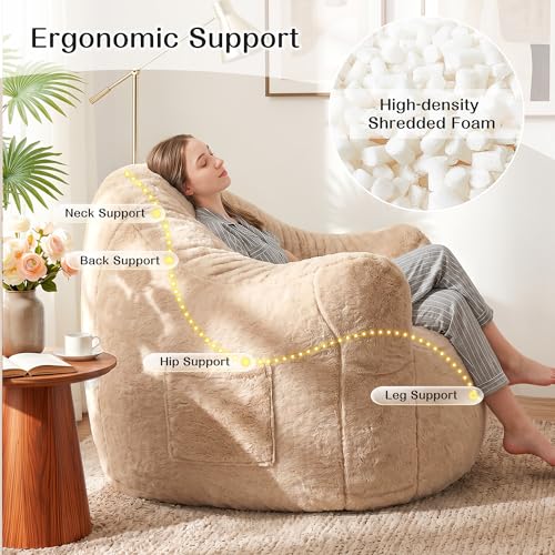 Image of Homkdom Giant Bean Bag Chair for Adults, Comfy Bean Bag Sofa with Armrests | Cozy Reading Chair & Stuffed Floor Sofa, Faux Fur Shell-Shaped Floor Chair for Living Room Napping, Gaming, Lounging, Brown