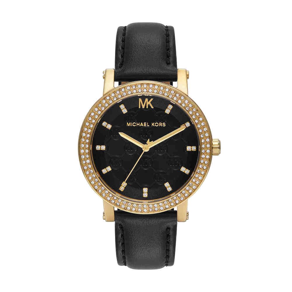 Michael Kors Orologio Corey da donna, Movimento al quarzo a tre lancette con cinturino in lega o in pelle, 38 mm, Nero e oro