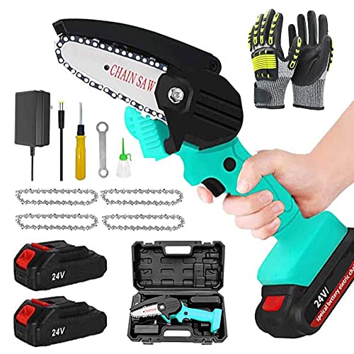 AWJ Mini-Elektro-Kettensäge, tragbar, 4 Zoll, schnurlos, Motorsäge, 24 V, 500 W, Aufnahme-Batterien, Kettensäge mit 2…
