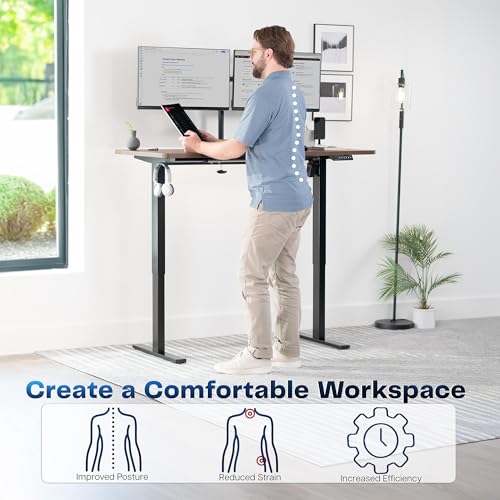 Image of VIVO Rustic Vintage Brown 55 x 28 in Standing Desk, DESK-KIT-1B55N | Electric, Holds 220 lbs, Sit Stand, Height Adjustable, Solid One-Piece Table Top, Memory Presets, 1B Series, Black Frame