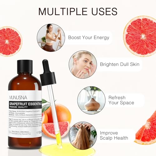 Image of Grapefruit Essential Oil, Aromatherapy Oils for Skin Hair Care | Pure and Natural, Grapefruit Oil for Massage, Home, Diffuser, DIY Soap and Candle Making, 100ML / 3.38fl.oz