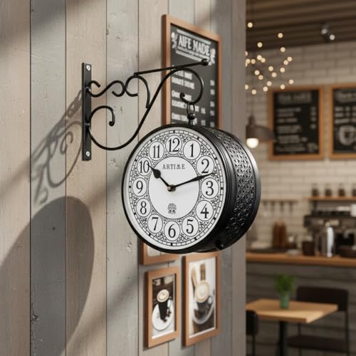 Image of Handcrafted Double Side Metal Analog Vintage Wall Clock | 1.5 Year Machine Warranty | 12 INCHES | 1 Side Number 1 Side Roman,Color Black