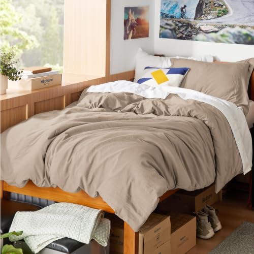 Image of Bedsure Prewashed Twin Duvet Cover, Cotton-Like Bedding Set, Light Brown | Ultra Soft, Relaxed Texture, Twin XL Breathable Comfort, Hidden Zipper, 8 Corner Ties, Easy Care, OEKO-TEX, Year-Round Use