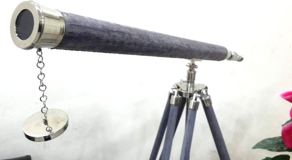 Nautical Adjustable Design Marine Navy Grey Leather Telescope Wooden Grey Stand Rustic Vintage Home Decor Gifts