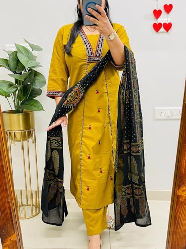Image of ANNI Designer Navy Blue Pure Cotton A-Line Kurta Pant Dupatta Set for Women | Embroidery 3 Piece Suit with Straight Pants & Matching Dupatta | Festive Office Ethnic Wear