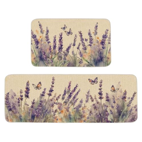 ONWAY Spring Kitchen Mats Set of 2 Floral Kitchen Rugs Non Slip Rubber Backing Floor Mat for Sink Farmhouse Flower Kitchen Runner Rug Kitchen Decor 17x47 and17x29