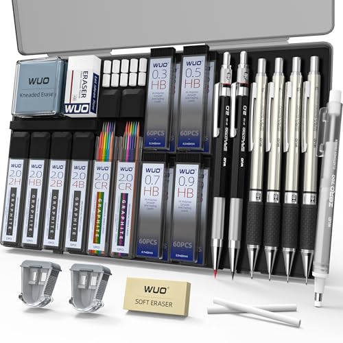 WUO 38PCS Mechanical Pencil Set with Case, Metal Drafting Pencil 0.3, 0.5, 0.7, 0.9mm & 2PCS 2mm (2H HB 2B 4B Color) & 552 Lead Refills, 1 Eraser Pen, Artist Pencils for Writing, Drawing, Sk