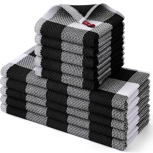 Homaxy Lot de 10 torchons de cuisine 100 % coton gaufré, super doux et absorbants, 30,5 x 30,5 x 71,1 cm, blanc et noir