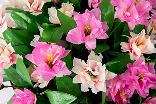 Artificial Flowers With Hanging Basket Planter For Home Decoration, Silk Rose Peony Outdoor Indoor Garden Yard, Metal Coconut Lining Basket With Faux Plant, Pink Light #TOP1