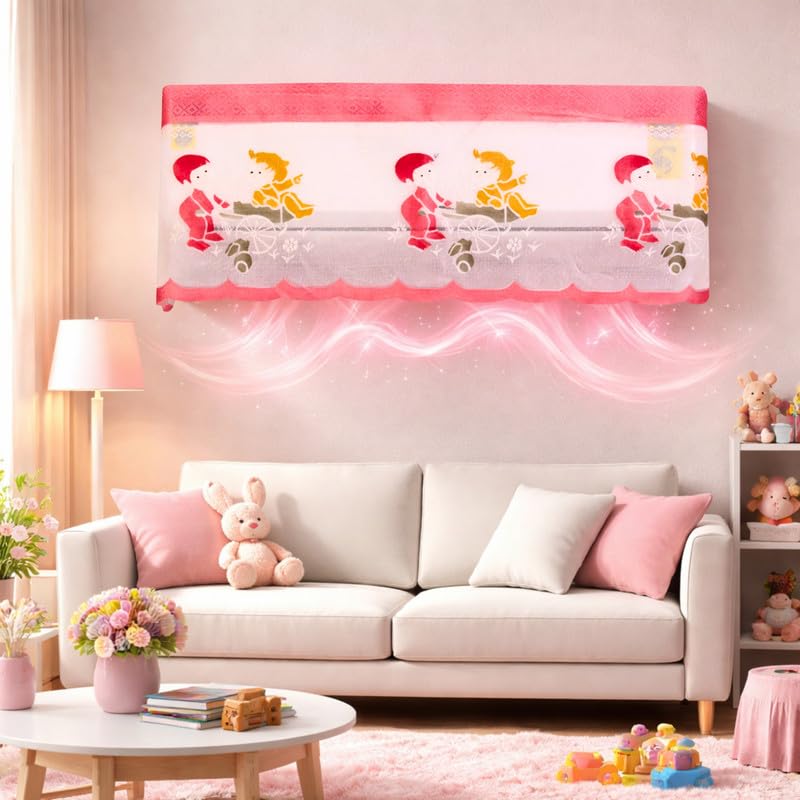 Image of Cotton Net Split AC Cover Indoor Unit for 1.5 Ton Capacity AC, Premium Work Indoor AC Dust Protection Cover Designer Summer Ac Cover for 1.5 Ton Ac (38 X 15.35 X 7.8 inch, Pink Kids)