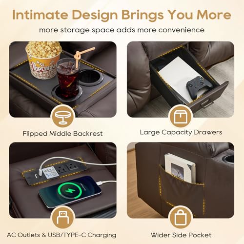 Image of IPKIG 67 inch RV Loveseat Double Recliner Sofa with FILP Back Console, Storage Drawer, Side Pockets, Faux Leather Manual Reclining Chair Home Theater Seating (Brown)