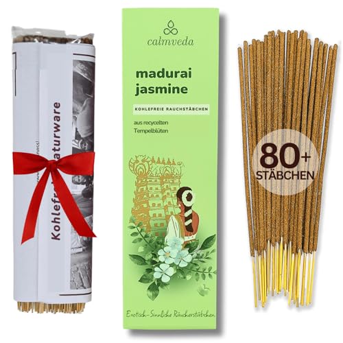 Calmveda Räucherstäbchen Jasmin weihrauch Bio - (80 weihrauch) Räucherstäbchen Set ohne Kohle, hergestellt aus Upcycled-Blumen | Reichhaltiges, dekadentes Grün, fruchtig und dennoch cremig-blumig