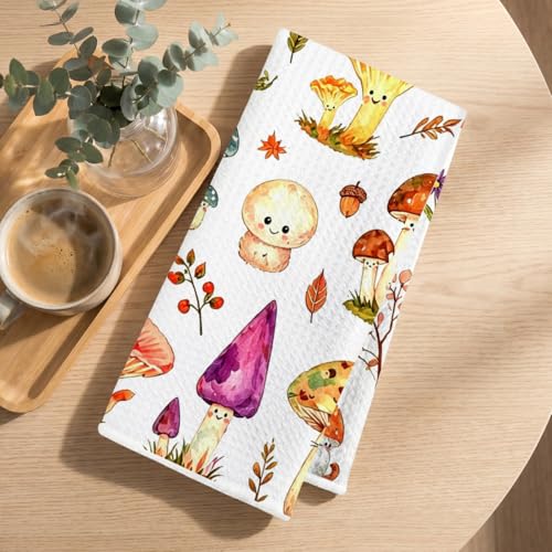 Image of Hanamiya Na Mushroom Cat Kitchen Towels 24x14 Inch, Cute Mushroom Reusable Dish Towels for Kitchen Bathroom Decor, Waffle Weave Hand Cloth Tea Towel, Cat Lover Gifts for Women Girls Friend