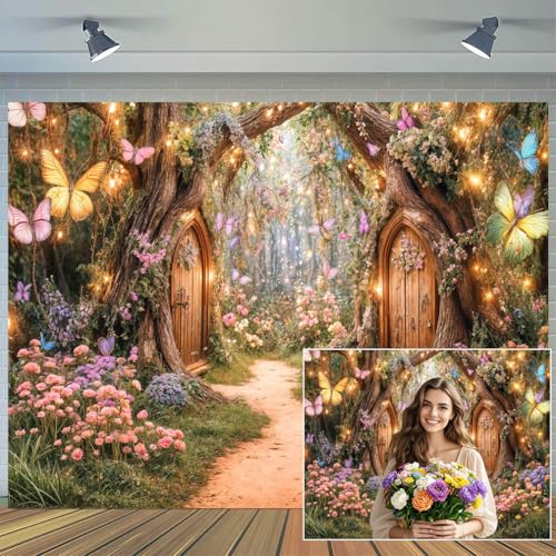7X5ft Enchanted Forest Backdrop Fairy Tale Magic Garden Wonderland Floral Butterfly Photography Background for Kids Girls Baby Shower Birthday Party Decoration Cake Table Photo Booth Props