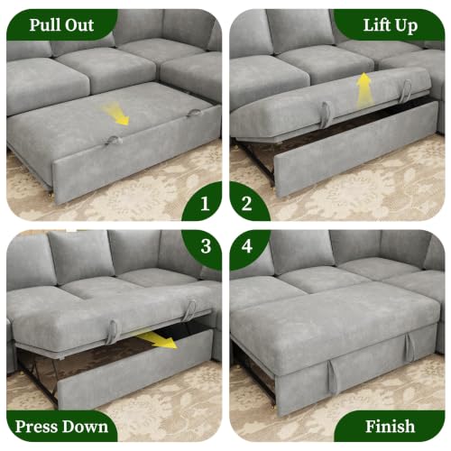 Image of 83.5 inch Chenille Sectional Sleeper Sofa, Pull Out Couch with Storage, Gray | 5 Seat Comfy Couches for Living Room, Apartments, or Guest Spaces; Sectionals Modular Sofa Design, Comfortable Seating.