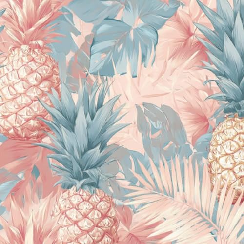 壁紙 60cm x 300cm 剥がせる パステルピンクとブルーのイラストで描かれたトロピカルなパイナップルとヤシの葉のパターン 多機能 防水/汚れ防止/防油 食器棚 クロ 玄関 ふすま紙 家具 部屋 DIY 賃貸OK