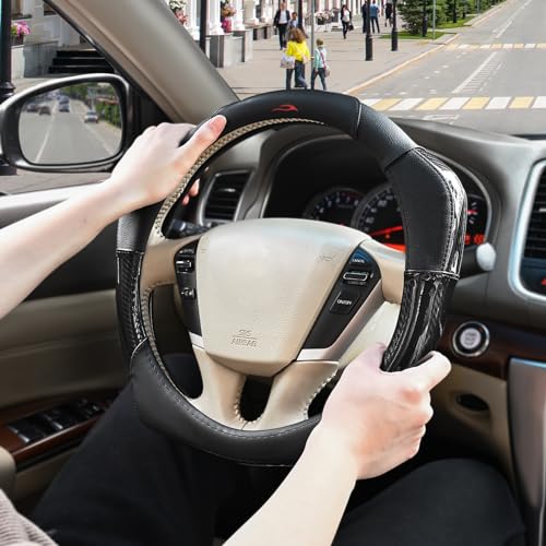Ozicali Black Carbon Fiber Leather Steering Wheel Cover,Universal for 14.5-15 inch Steering Wheel,Anti-Slip,Sport Steering Wheel Cover - Image 3