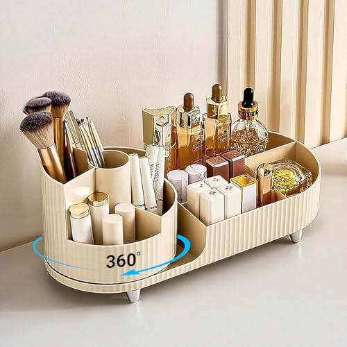 Image of ALOXE Makeup Organisers | 360 Rotating Brush Holder & Elegant Organizer Storage Box for Dressing Table, Skincare, Cosmetics & Accessories (Ivory)