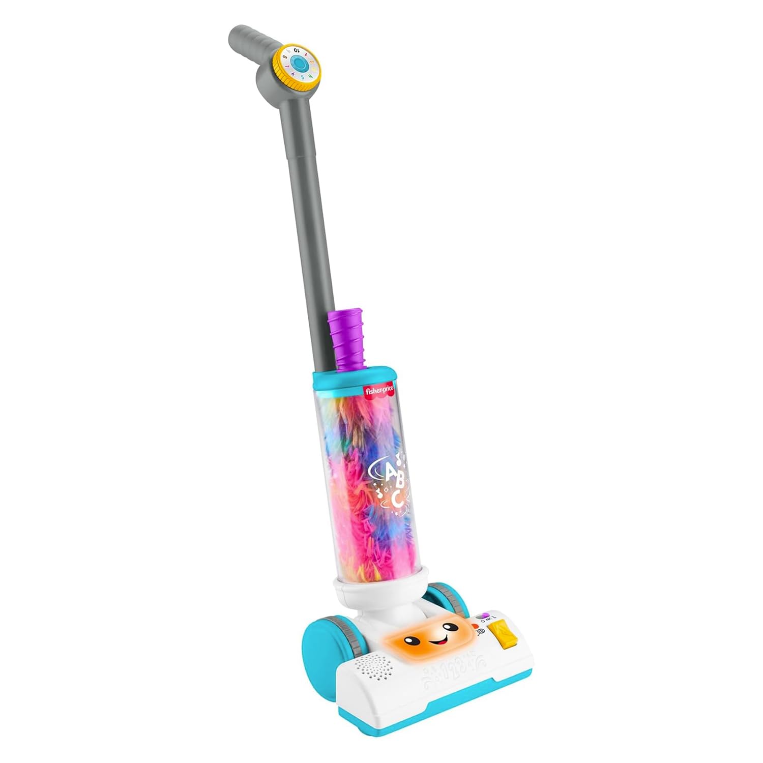 Fisher-Price Odkurzacz i miotełka 2 w 1, zestaw zabawkowy z 45 piosenkami, światłami i dźwiękami, wprowadzającymi alfabet i cyfry, wersja włoska +ES+in+PT, 2 lata, JMM34