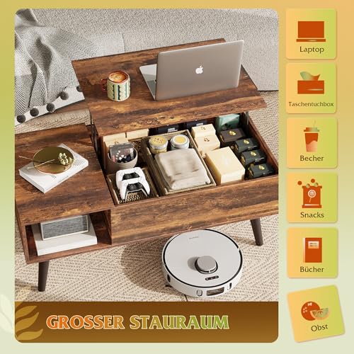 WLIVE Höhenverstellbarer Couchtisch mit Stauraum, Wohnzimmertisch mit Ausziehbar Platte & offene Fächer, Rechteckiger Kaffeetisch für Wohnzimmer, Rustikales Braun – Bild 6