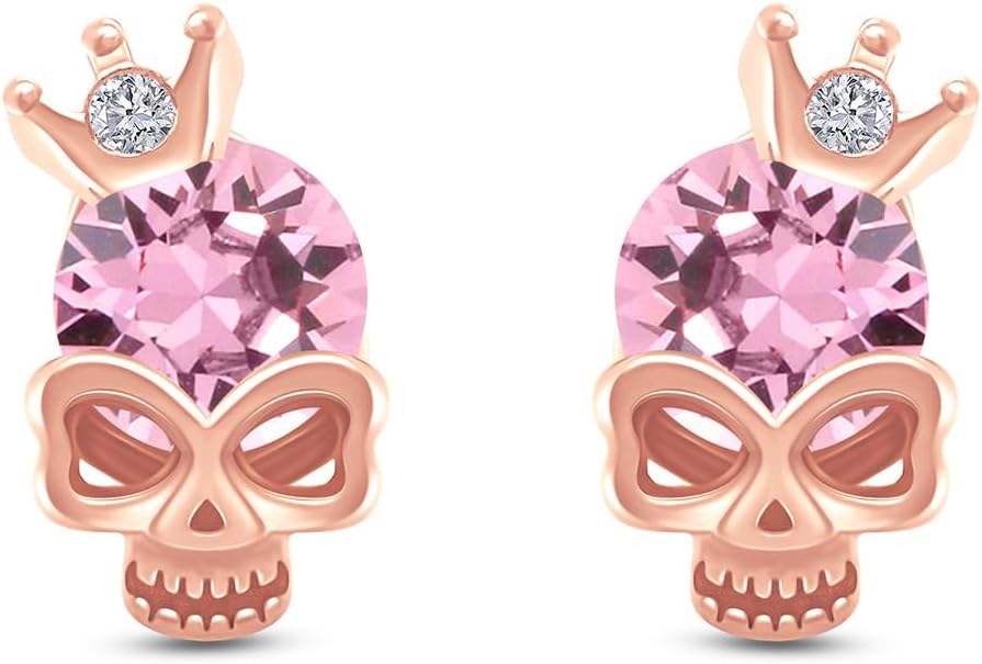 Round Cut Simulated Birthstone Skull with Crown Stud Earrings With Push Back Jewelry For Women In 14K Gold Plated Sterling Silver