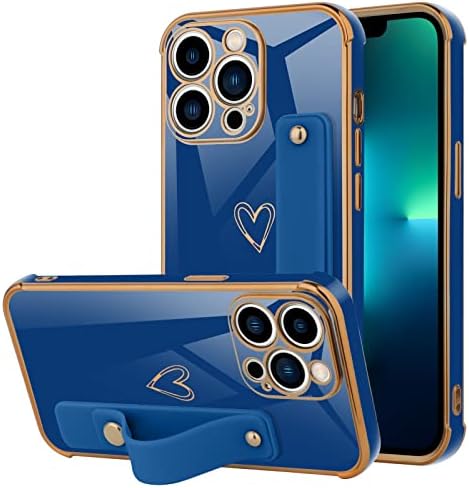 TEAUGHT Case for iPhone 13 Pro Max Soft TPU Heart Plating with Adjustable Wristband Kickstand Anti-Scratch Shockproof Protective Slim Thin Cover for Women Girls Men-Blue