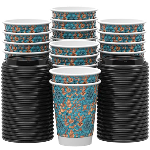 Qunclay Disposable Paper Coffee Cups with Lids, 100 pack 12 oz Embossed Paper Cups, Double Wall Insulated Takeaway To Go Hot Drinking Cups for Home Office Wedding Party Supply, Blueness