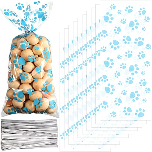 Blulu 200 Pieces Pet Paw Print Cone Cellophane Bags Heat Sealable Candy Bags Dog Paw Gift Bags Cat Treat Bags with 200 Pieces Silver Twist Ties for Pet Treat Party Favor (Blue)
