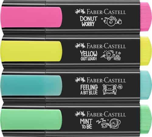 Faber-Castell 254690 Graffiti Neon Textmarker Set 4 Stück, Highlighter Pens mit Präzisions-Keilspitze, Leuchtende Graffiti Neonfarben, Ergonomisches flaches Design