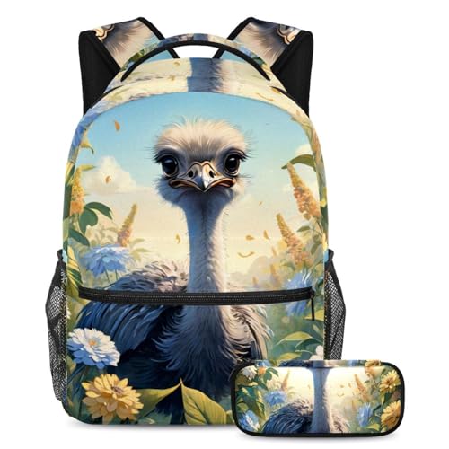 Sac à dos autruche et fleurs multicolore avec sa trousse assortie pour ados