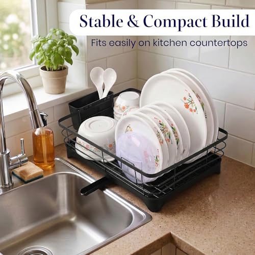 Image of Kuber Industries Stainless Steel Kitchen Drying Rack with Drain Tray & Cutlery Holder | Countertop Utensils Stand | Dish Rack for Kitchen | Bartan Stand | Black