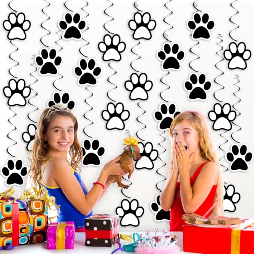 Image of Weecent 24 Pcs Dog Paw Prints Themed Party Hanging Swirl Black White Puppy Birthday Decorations Banners Paw Prints Ceiling Streamers for Pets Birthday Baby Shower Party Favors Supplies