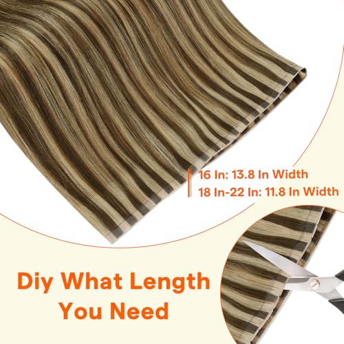 Image of Full Shine Butterfly Weft Hair Extensions, 16 Inch 50G Human Hair | Brown Highlights Blonde, Medium Length Straight Hair, Double Side Weft, Seamless Micro Bead, Invisible PU Holes, Natural Look