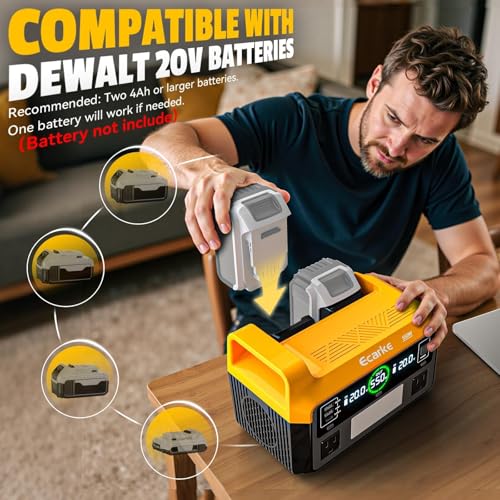 Image of Ecarke 550W Portable Power Inverter Compatible with DeWalt 20V Battery, DC 18V to AC 110V Pure Sine Wave Power Station 2 AC Outlets,2 USB-A&1 USB-C 20W, 600LM LED Outdoor Emergency Use(No Battery)